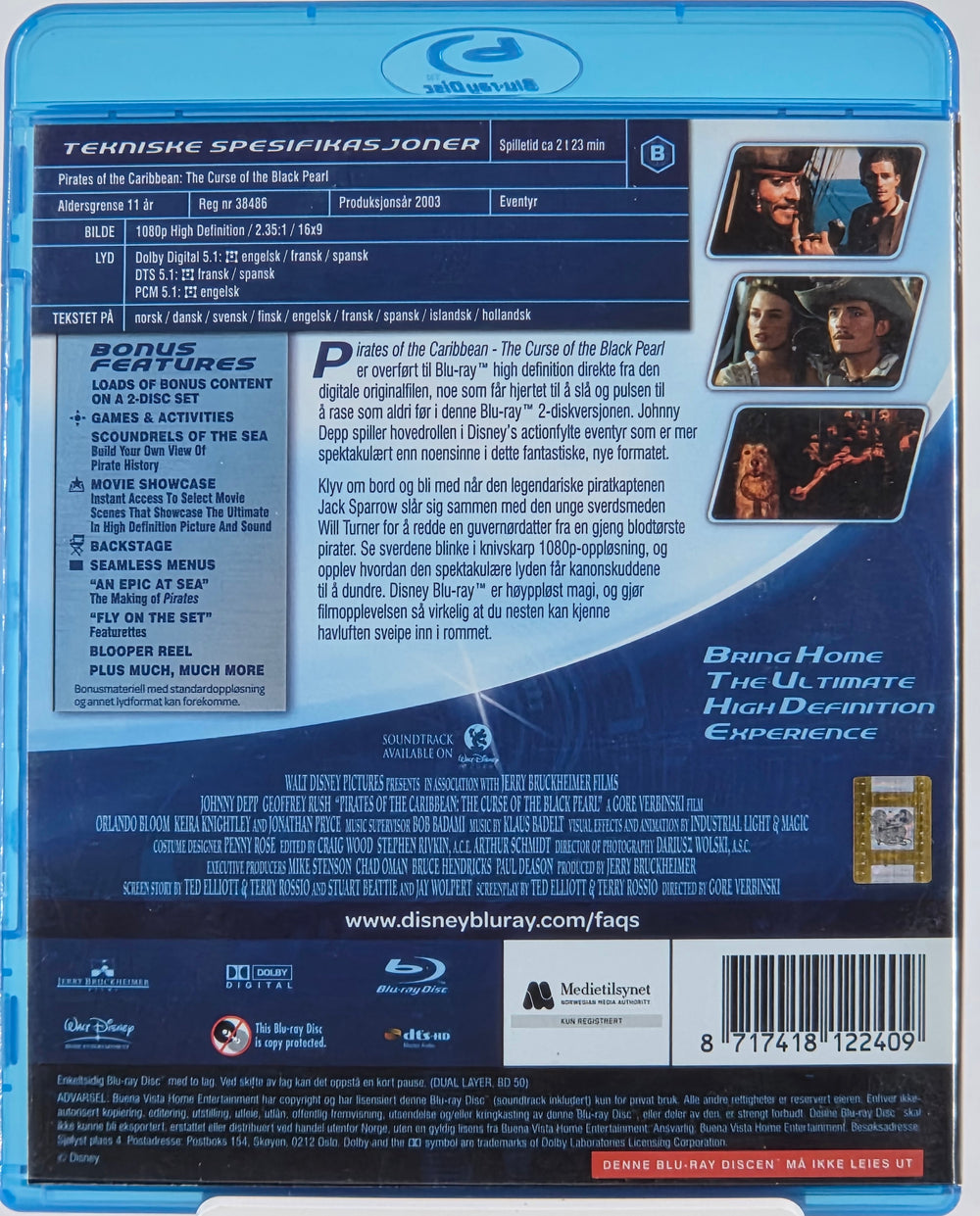 Pirates of the Caribbean: The Curse of the Black Pearl (2003). Blu-ray.