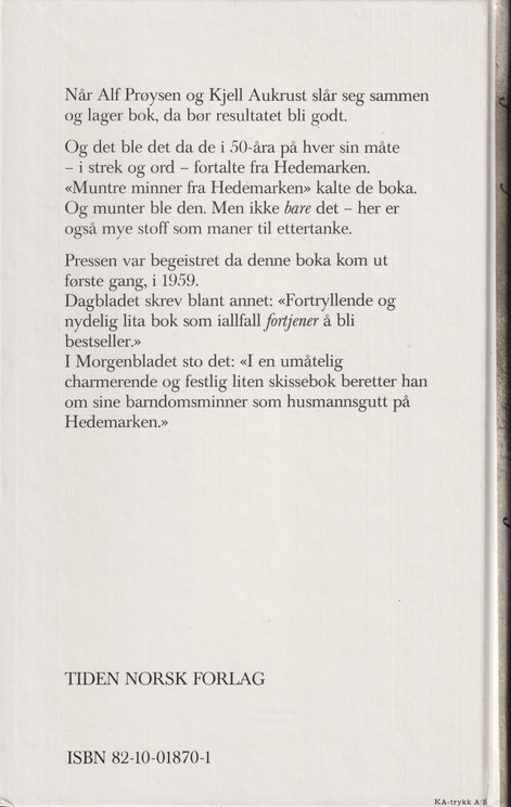 Muntre minner fra Hedemarken av Alf Prøysen. Bok.