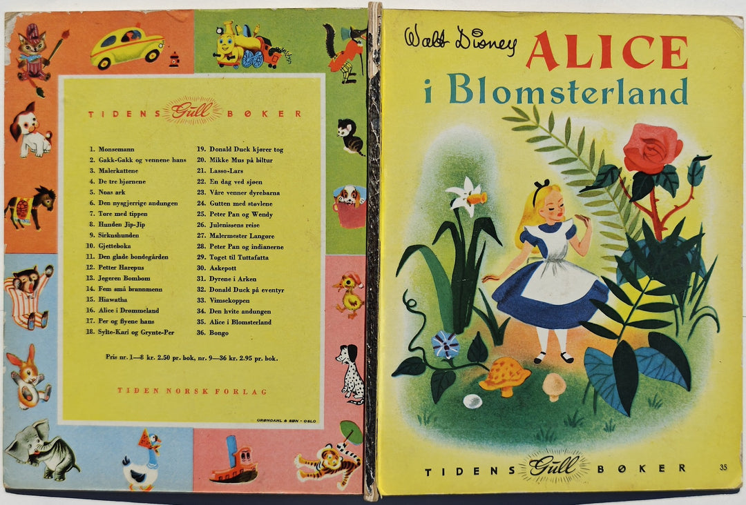 Walt Disney (Tidens Gull Bøker nr. 35). 1957. Alice i Blomsterland. Bok.