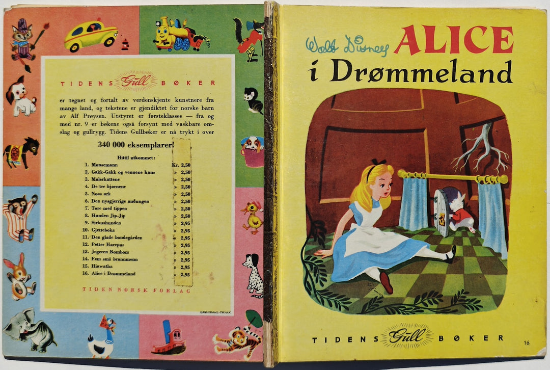 Walt Disney (Tidens Gull Bøker nr. 16). 1954. Alice i Drømmeland. Bok.