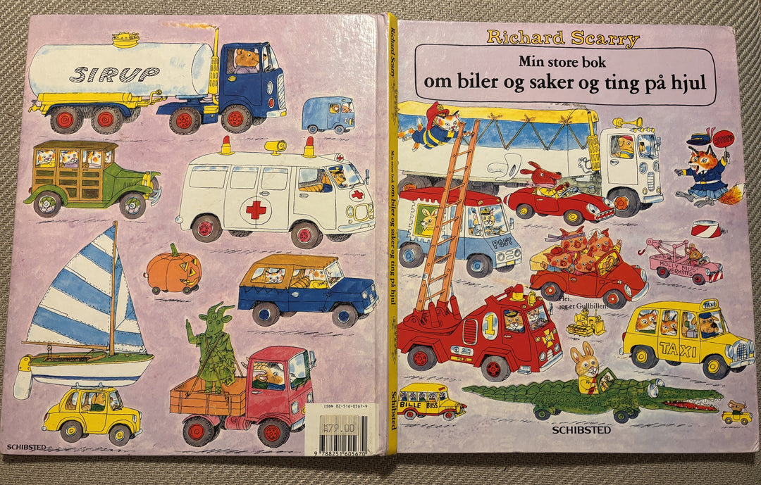 Richard Scarry. Min store bok om biler og saker og ting på hjul. Bok.