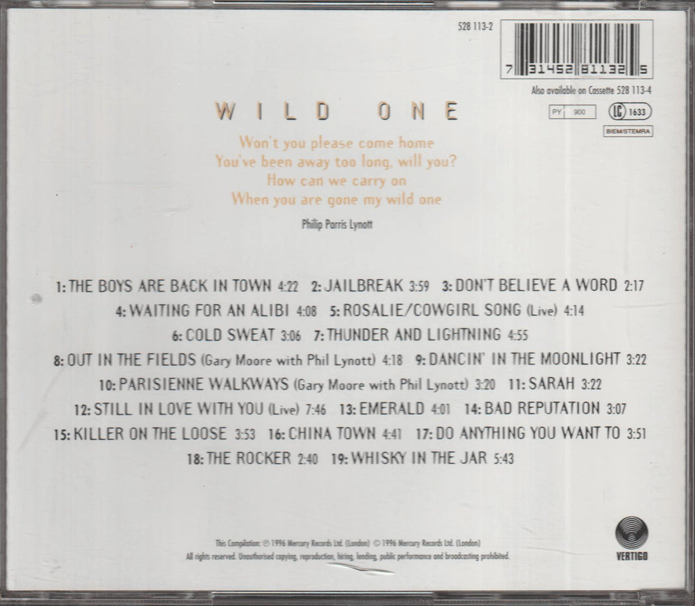 Thin Lizzy - Wild One: The Very Best of Thin Lizzy (1996). CD.