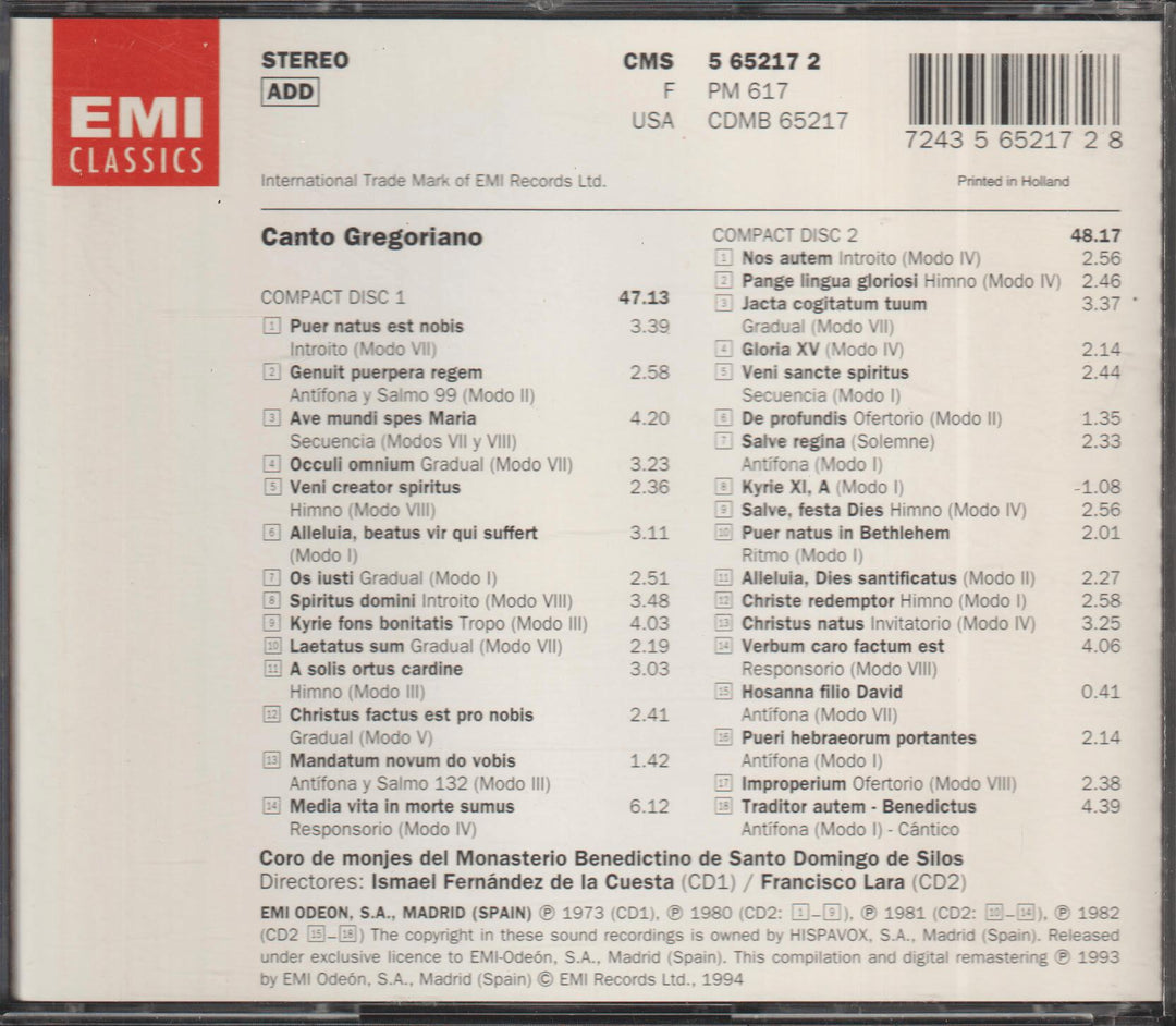 Coro de monjes del Monasterio de Santo Domingo de Silos - Canto Gregoriano (1994). CD.