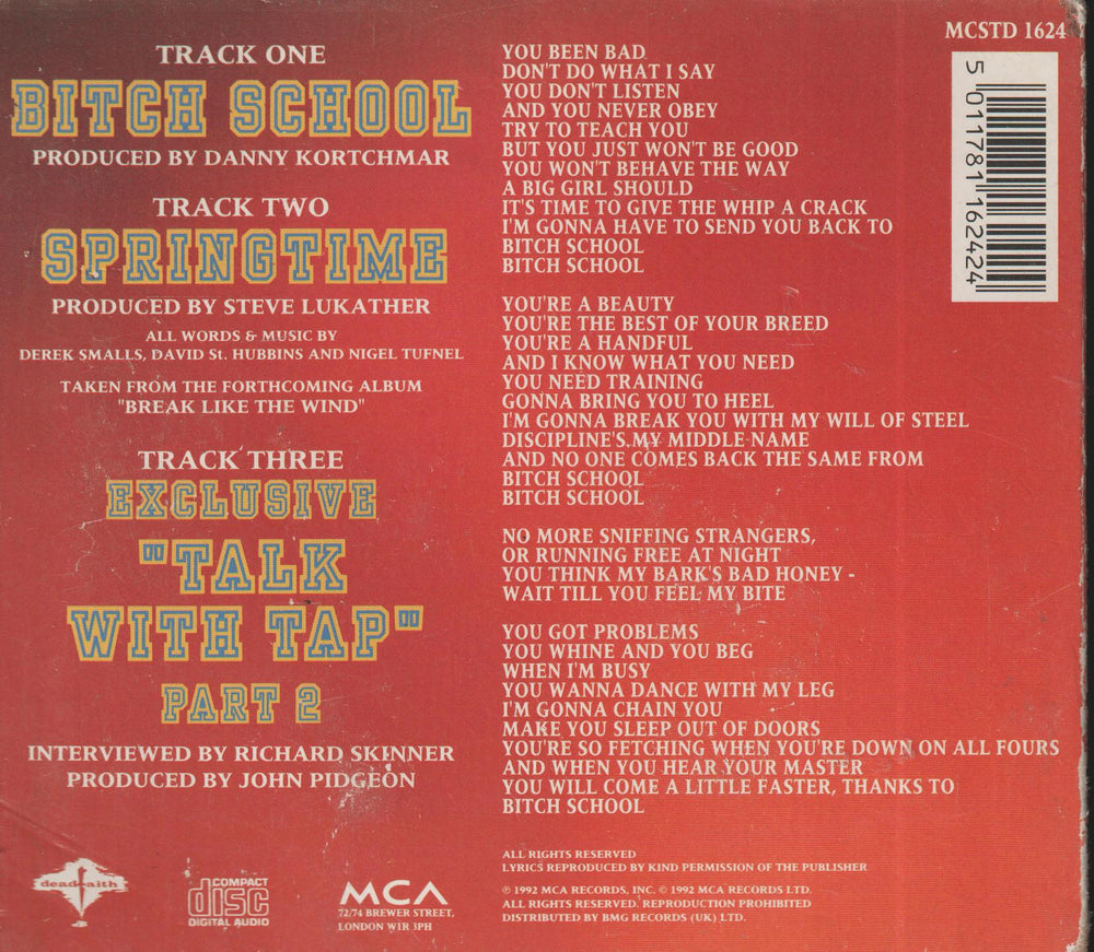 Spinal Tap - Bitch School (1992). CD-Singel.