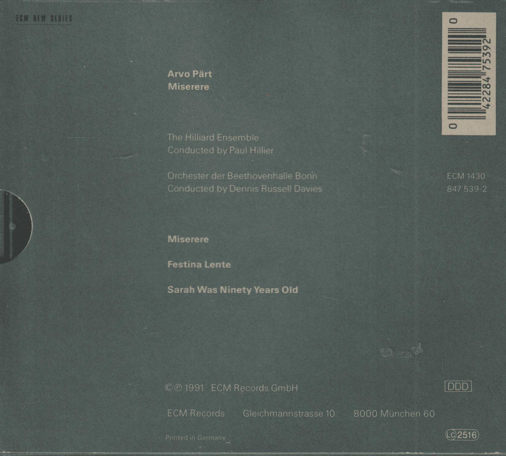 Arvo Pärt - Miserere / Festina Lente / Sarah Was Ninety Years Old. CD.