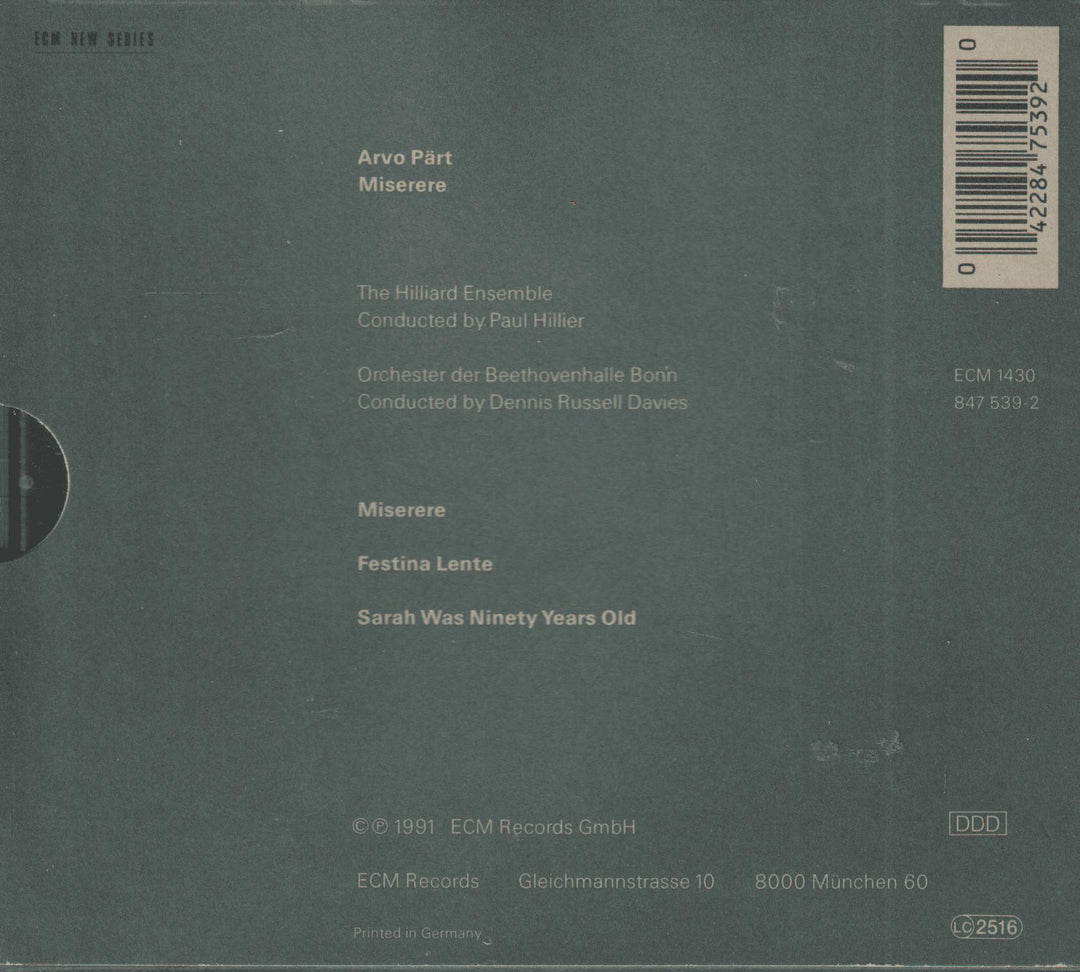 Arvo Pärt - Miserere / Festina Lente / Sarah Was Ninety Years Old. CD.