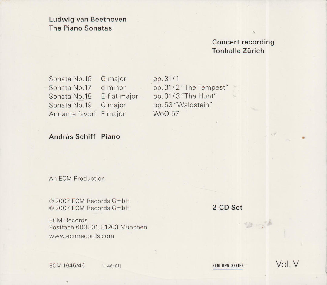 András Schiff / Ludwig van Beethoven - The Piano Sonatas, Vol. V (Sonatas opp. 31 and 53). CD.