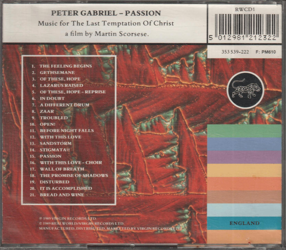 Peter Gabriel - Passion (Music for The Last Temptation of Christ). 1989. . CD.