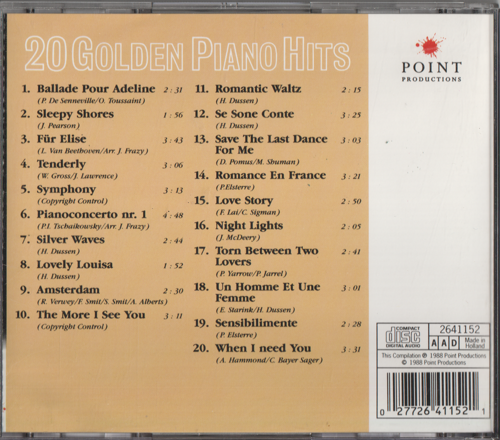 Forskjellige artister - 20 Golden Piano Hits. 1994. . CD.