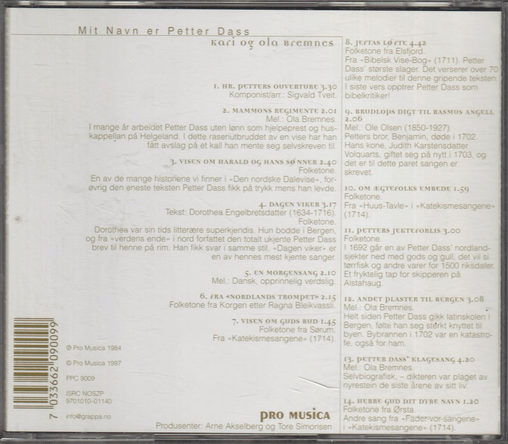 Kari og Ola Bremnes - Mit Navn er Petter Dass. 1993. . CD.
