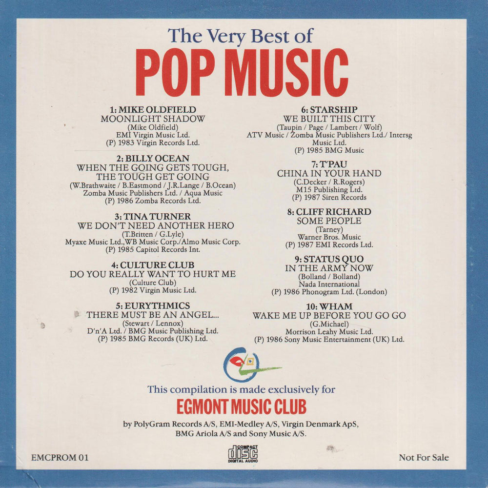 Diverse artister - Egmont Music Club Presents: The Very Best of Pop Music (Presentation Sampler). 1993. . CD.
