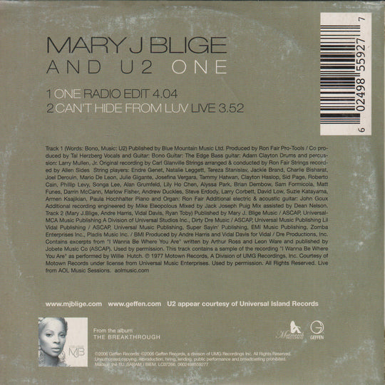 Mary J. Blige and U2 - One (2006). CD-singel.