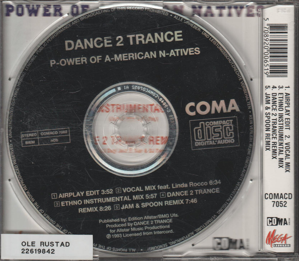 Dance 2 Trance - Power Of American Natives. 1992. CD-singel.