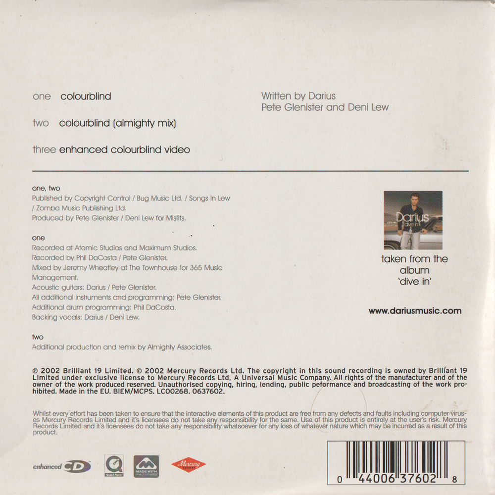 Darius – Colourblind. 2002. CD i sleeve.