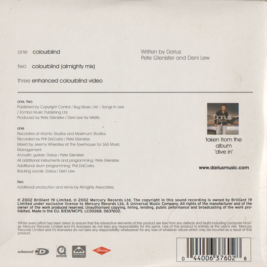 Darius – Colourblind. 2002. CD i sleeve.