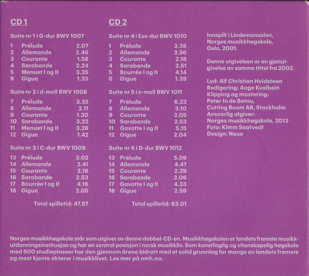Aage Kvalbein – Johann Sebastian Bach: 6 suiter for cello solo (2009). CD i sleeve.