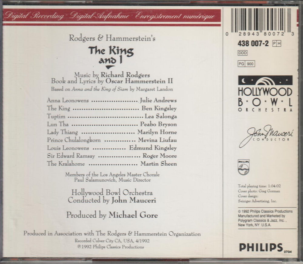 Hollywood Bowl Orchestra / John Mauceri - Rodgers & Hammerstein's The King and I. 1992. . CD.