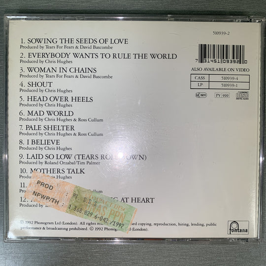 Tears For Fears – Tears Roll Down (Greatest Hits 82-92). 1992. CD.