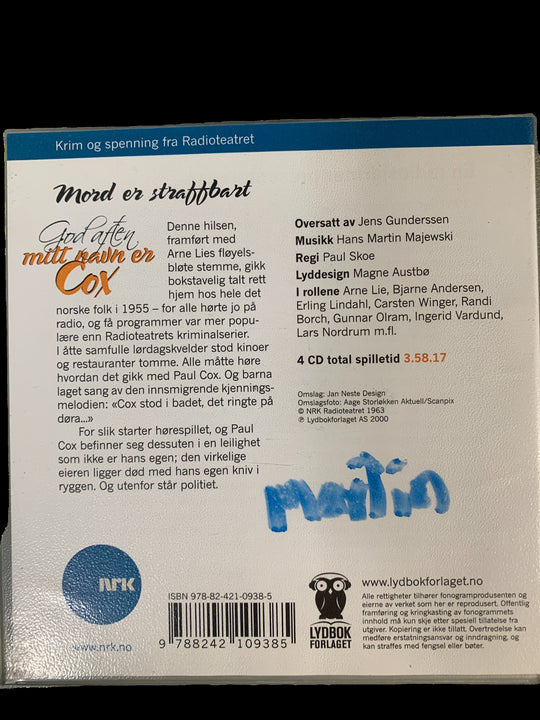 Rolf Becker. God aften, mitt navn er Cox – Mord er straffbart (NRK). Lydbok på 4 CD.