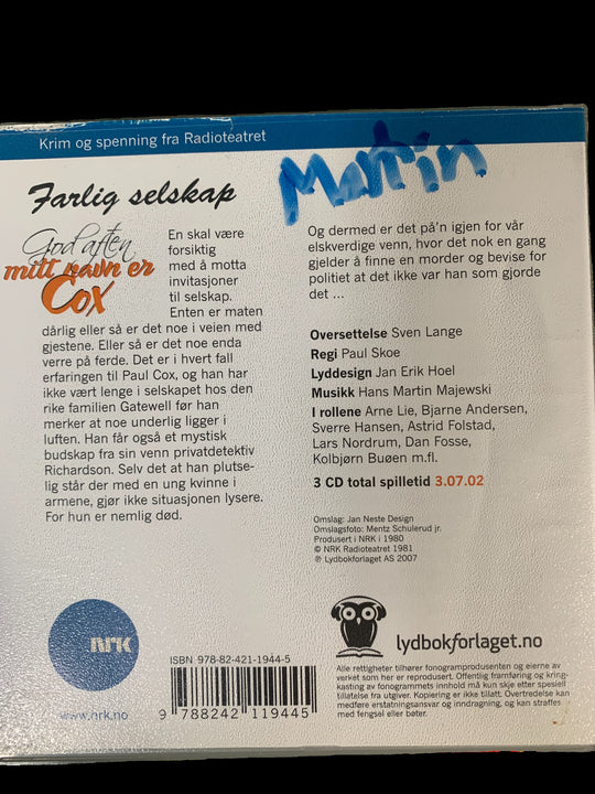 Rolf og Alexandra Becker. God aften, mitt navn er Cox – Farlig selskap (NRK). Lydbok på 3 CD.