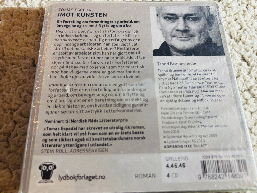 Imot kunsten, Tomas Espedal (2009). Lydbok på CD (fra bibliotek, pene disker).