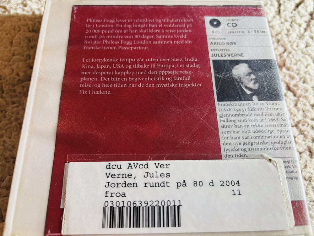 Jorden rundt på 80 dager, Jules Verne (1873). Lydbok på CD (fra bibliotek, pene disker).