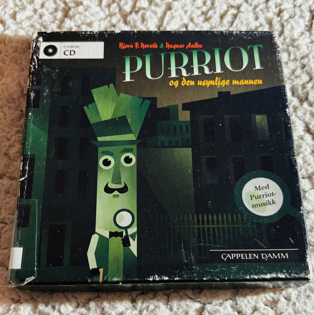 Purriot og den usynlige mannen, Bjørn F. Rørvik (2012). Lydbok på CD (fra bibliotek, pene disker).