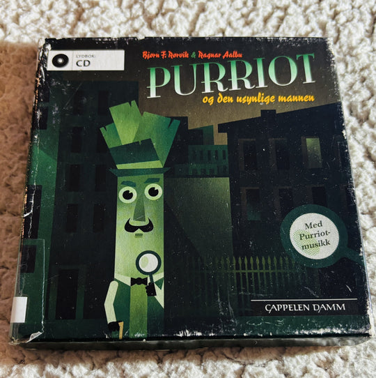 Purriot og den usynlige mannen, Bjørn F. Rørvik (2012). Lydbok på CD (fra bibliotek, pene disker).