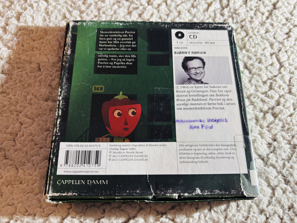Purriot og den usynlige mannen, Bjørn F. Rørvik (2012). Lydbok på CD (fra bibliotek, pene disker).