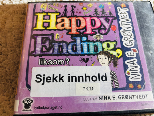Nina E. Grøntvedt. 2010. Happy Ending, liksom? Lydbok på CD (fra bibliotek, pene disker).