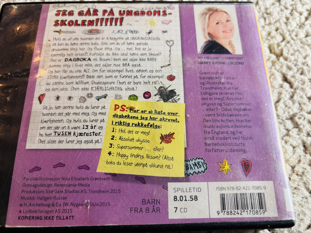 Nina E. Grøntvedt. 2010. Happy Ending, liksom? Lydbok på CD (fra bibliotek, pene disker).