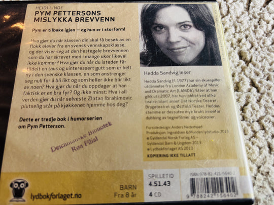 Heidi Linde. 2012. Pym Pettersons mislykka brevvenn. Lydbok på CD (fra bibliotek, pene disker).