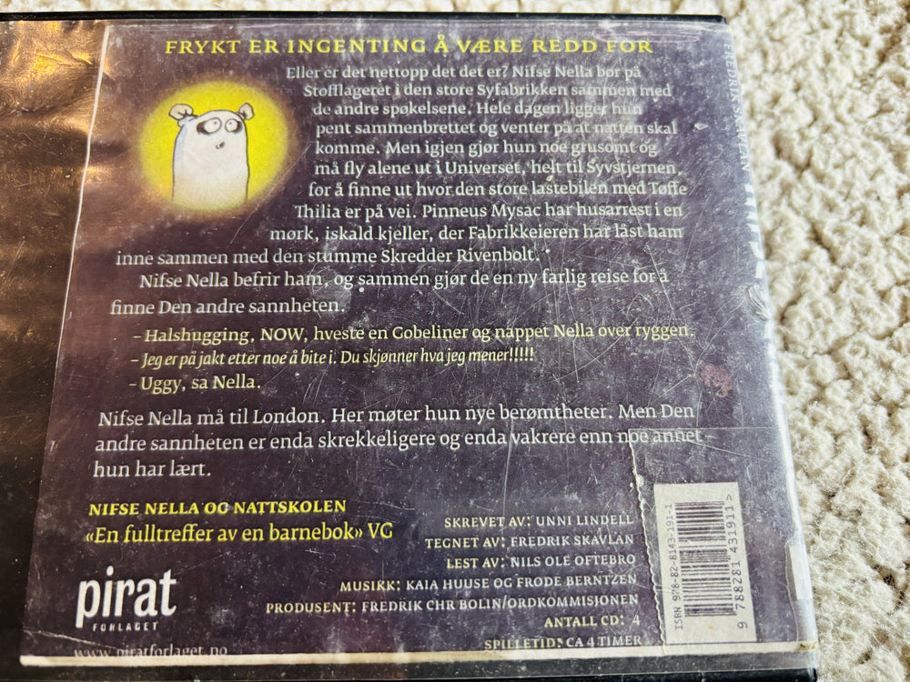 Unni Lindell & Fredrik Skavlan. 2012. Nifse Nella og syvstjernen – Den andre sannheten. Lydbok på CD (fra bibliotek, pene disker).