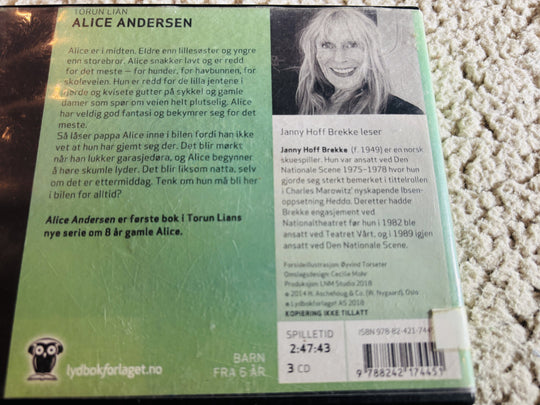 Torun Lian. 2014. Alice Andersen. Lydbok på CD (fra bibliotek, pene disker).