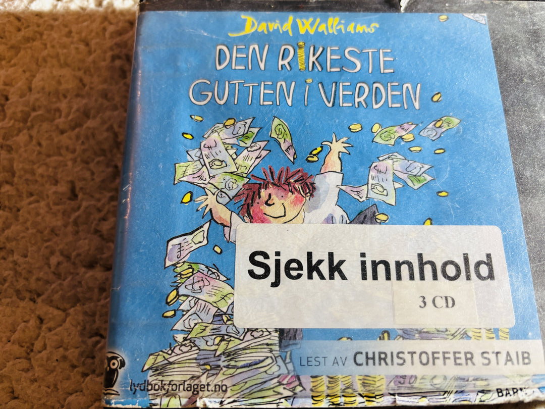 David Walliams. 2012. Den rikeste gutten i verden. Lydbok på CD (fra bibliotek, pene disker).