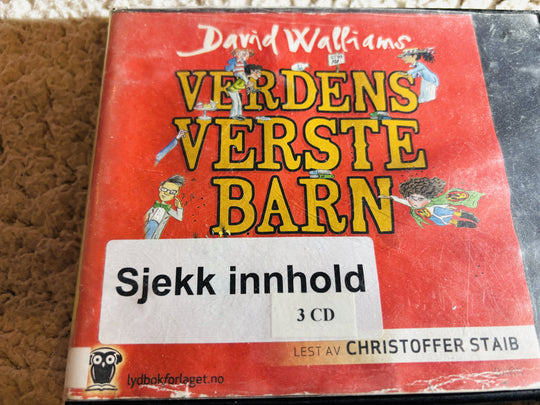 David Walliams. 2013. Verdens verste barn. Lydbok på CD (fra bibliotek, pene disker).