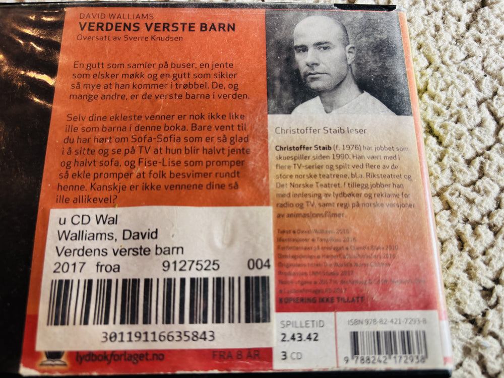 David Walliams. 2013. Verdens verste barn. Lydbok på CD (fra bibliotek, pene disker).