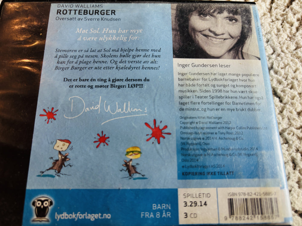 David Walliams. 2012. Rotteburger. Lydbok på CD (fra bibliotek, pene disker).