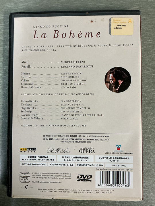 Giacomo Puccini: La Bohème (1988). DVD.