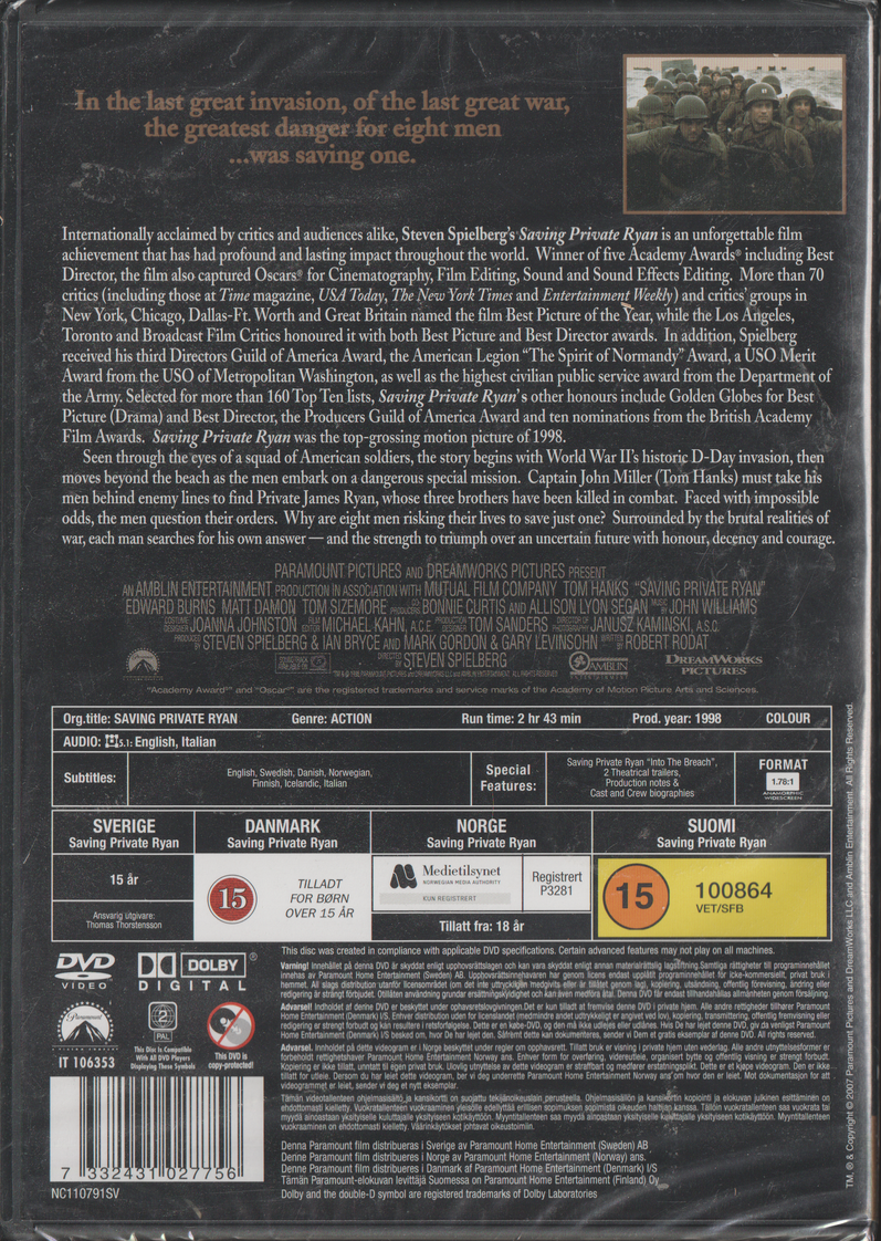 Saving Private Ryan (1998). DVD. Ny i plast!