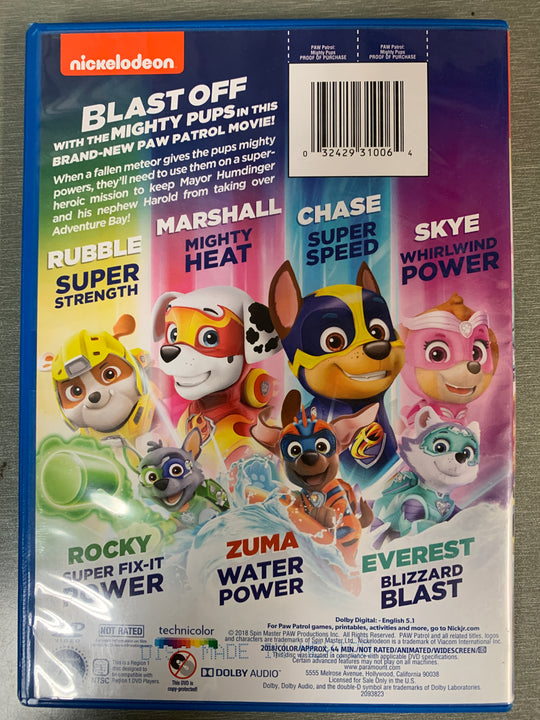 Paw Patrol - Mighty Pups (A Paw Patrol TV Movie!). 2019. DVD.