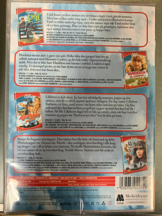 Astrid Lindgren - 4 Filmer (Emil, Karlsson, Marikken, Ronja). DVD. Ny i plast!