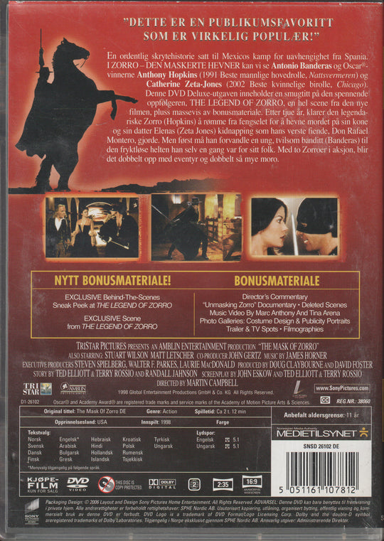 Zorro – Den maskerte hevner. 1998. DVD.