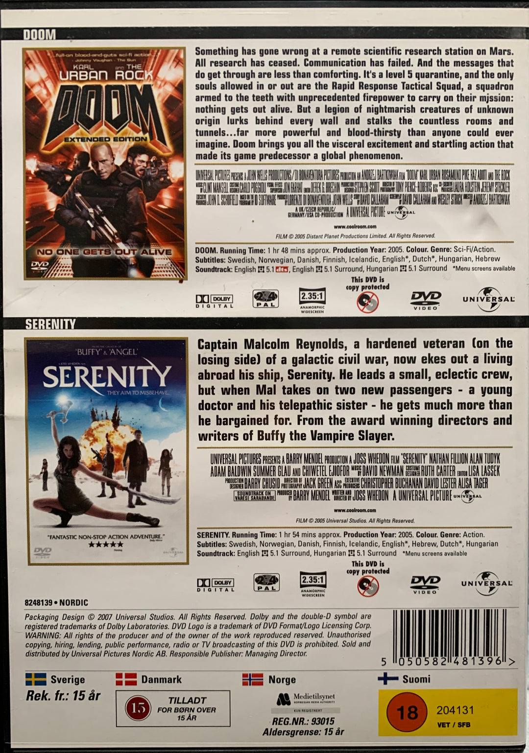 Doom: Extended Edition / Serenity – Action Double. 2005. DVD.