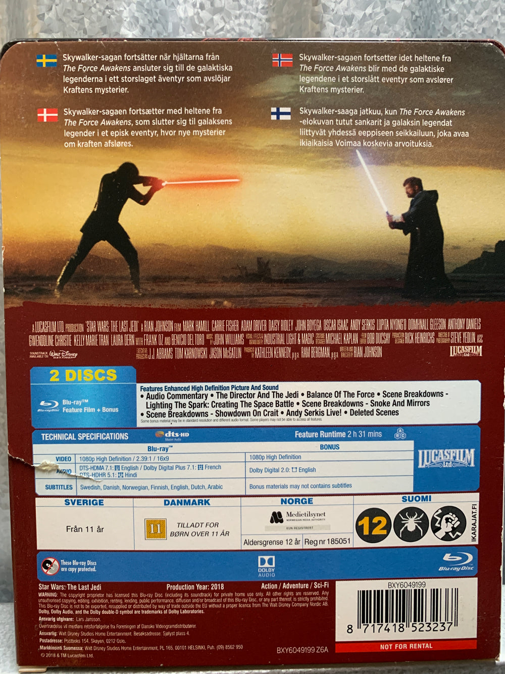 Star Wars: The Last Jedi. 2017. DVD.