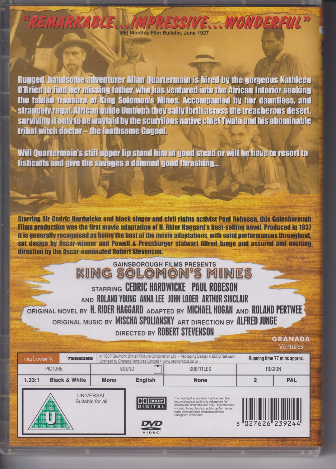 King Solomon's Mines. 1937. DVD.
