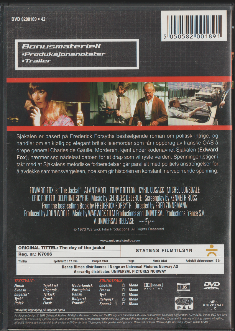 Sjakalen (The Day of the Jackal). 1973. DVD.