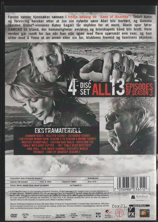 Sons of Anarchy: Season 3 (2010). DVD.