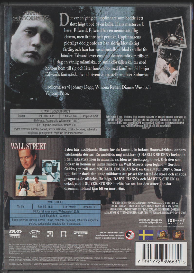 Edward Scissorhands / Wall Street (Double Feature). DVD.