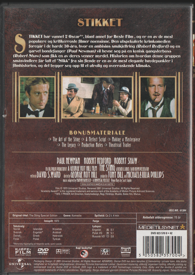 Stikket (The Sting) (1973). DVD.
